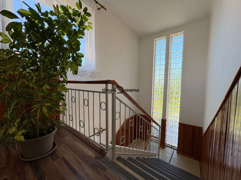 Na predaj: Rodinný dom v meste Levice - Schodisko v rodinnom dome s rastlinou a dekoratívnym zábradlím, podlaha s dreveným dekorom.