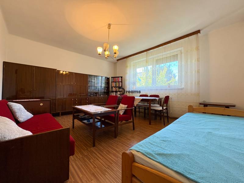 Na predaj: Rodinný dom v meste Levice - Obývačka rodinného domu s podlahou s dreveným dekorom, sedačkou a lustrom.