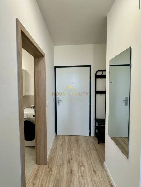 Nový 2 izbový byt SLNEČNICE, Labutia ulica, Bratislava V. Petržalka - Chodba s podlahou s dreveným dekorom, zrkadlom a vstupom do kúpeľne v 2-izbovom byte.