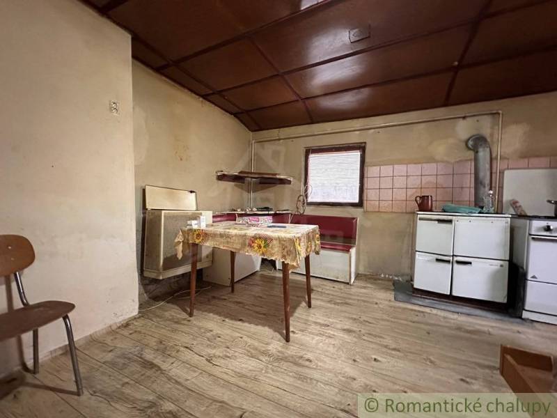 Malá chalúpka pod hrádzou – Zemné - Kuchyňa v rodinnom dome s podlahou s dreveným dekorom a jednoduchým vybavením.