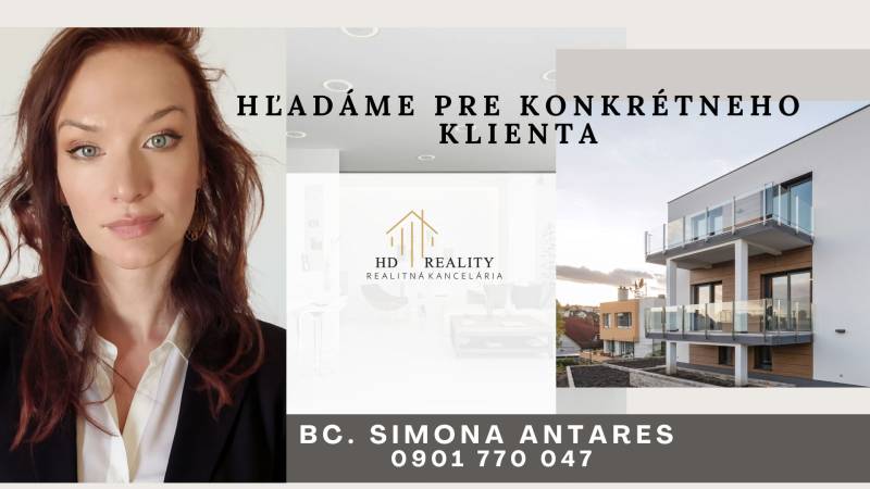 Hľadáme pre developera pozemok v okolí Banskej Bystrice - Žena v obleku, moderná budova s balkónmi, kontakt pre klienta.