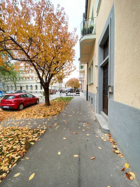 NA PRENÁJOM ŠTÝLOVÝ 2-IZBOVÝ BYT V CENTRE KOŠÍC, DREVNÝ TRH - Jesenná ulica Drevny trh v Košiciach, Staré Mesto, lemovaná stromami s padanými listami.