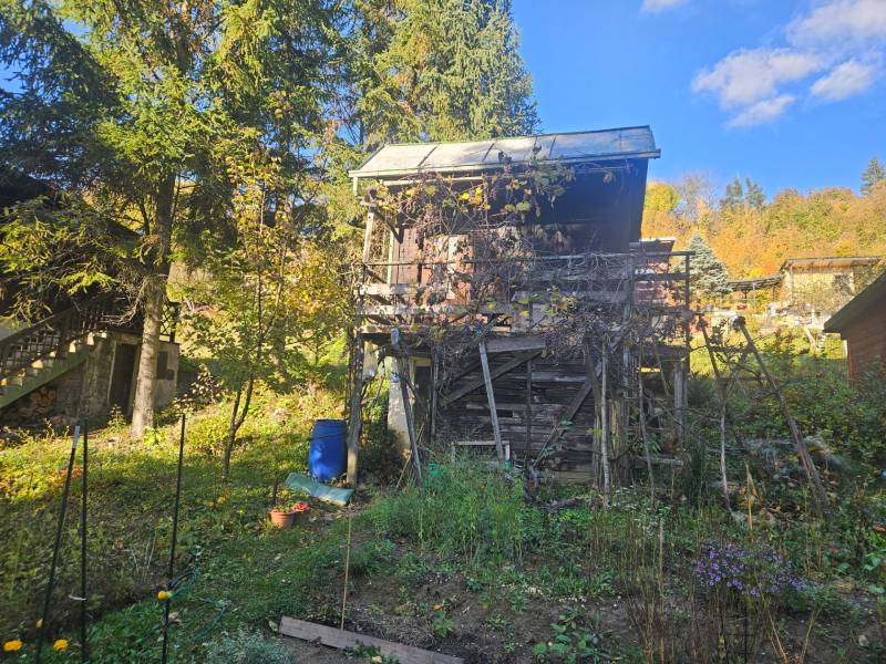Oddych v srdci prírody - záhrada s chatkou v kúpeľnom meste - Chata v Sadoch pod Dedovcom v Trenčianskych Tepliciach obklopená zeleňou a stromami.
