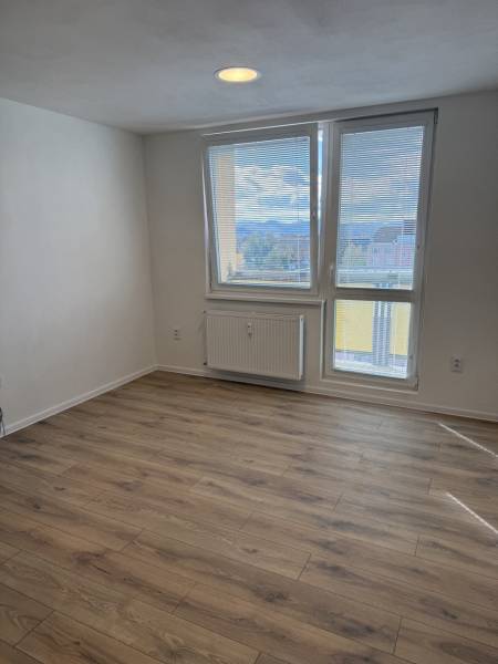  Prenájom garsónky po kompletnej rekonštrukcii (možnosť odkúpenia) - Garsónka s podlahou s dreveným dekorom a veľkým oknom, poskytujúcim výhľad do okolia.