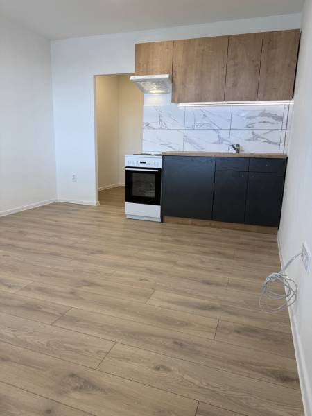  Prenájom garsónky po kompletnej rekonštrukcii (možnosť odkúpenia) - Garsónka s kuchynskou linkou, sporákom a podlahou s dreveným dekorom.