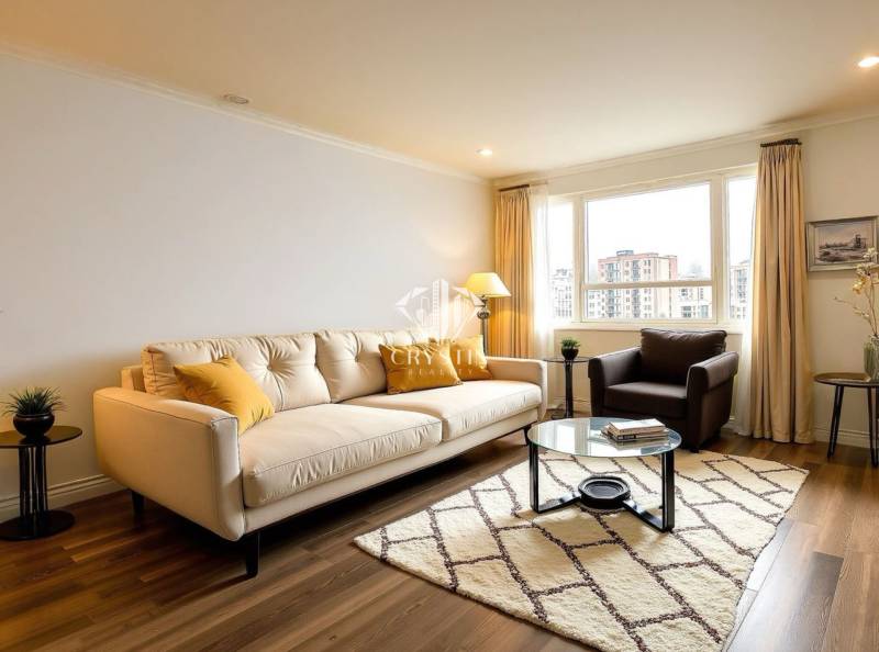 REZERVOVANÉ- Na predaj 3-izbový byt Žilina-Vlčince - Svetlá obývačka s pohovkou v 3-izbovom byte, podlaha s dreveným dekorom, veľké okno.