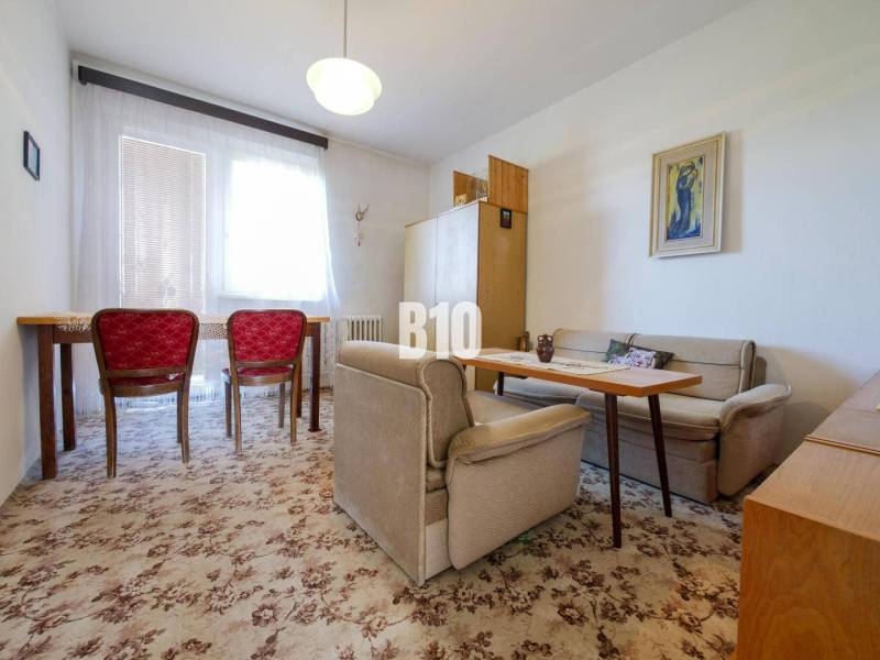 Rodinný dom s nádherným 8 árovým pozemkom na Kamennej ulici - Obývacia izba v rodinnom dome s kobercom a červenými stoličkami.