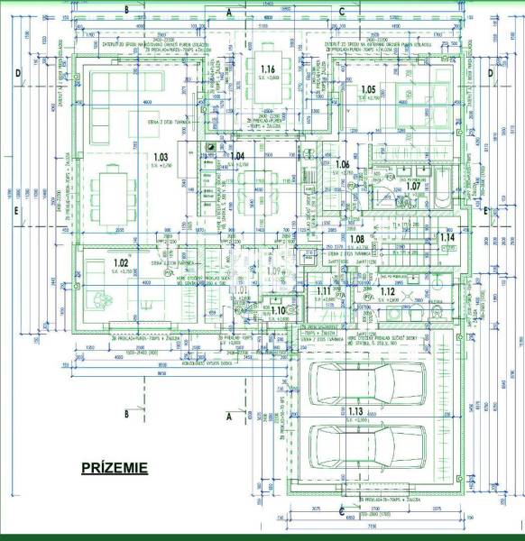 6 izbový rodinný dom  - DVOJGARÁŽ - CABAJ časť Riegler - Pôdorys prízemia rodinného domu, obsahujúci garáž, obývaciu izbu a kuchyňu.