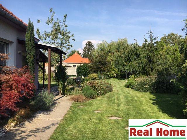 Dom s garážou na peknom rovinatom pozemku so šírkou 24m. - Záhrada pri rodinnom dome v Čiernej Vode s trávnikom a zeleňou.