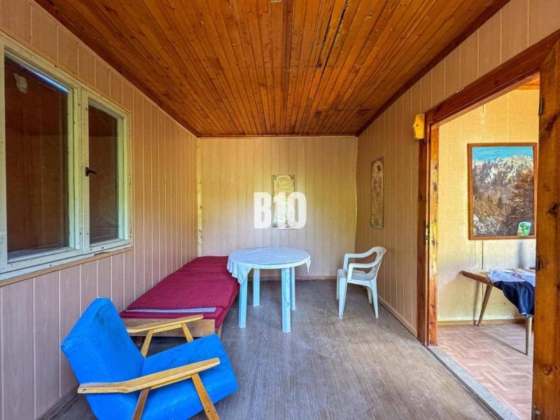 Vinica na skok od Nitry + chata - 590 m2 - Izba s dreveným stropom, kreslom, stolom a obrazmi, v priestoroch vinice.