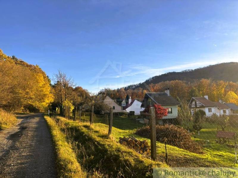 Záhrada s chatkou pod Malými Karpatami, Sološnica - Chaty v jesennej Sološnici obklopené lesmi a slnkom osvetlená cesta.
