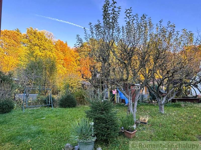 Záhrada s chatkou pod Malými Karpatami, Sološnica - Jesenná záhrada pri chate v Sološnici s farebnými stromami a lavičkou.