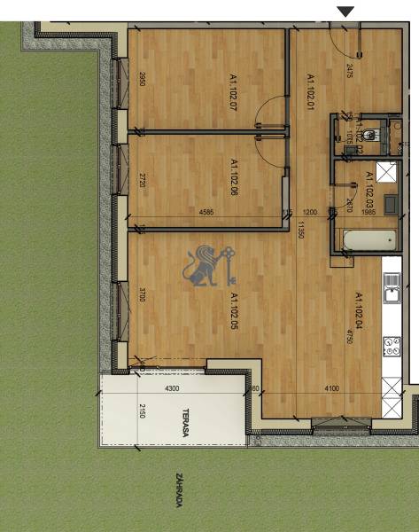 KOLAUDUJEME! Predaj 3-izb. bytu , Nová Tehelňa, Senec (A1102) - Plán 3-izbového bytu na ulici Vtáčia s terasou a záhradou.