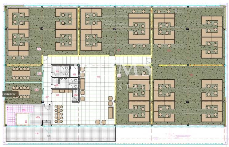 Kancelárie vo vysokom štandarde v centre Žiliny - Pôdorys kancelárií s rozložením pracovných miest a oddychovej zóny.