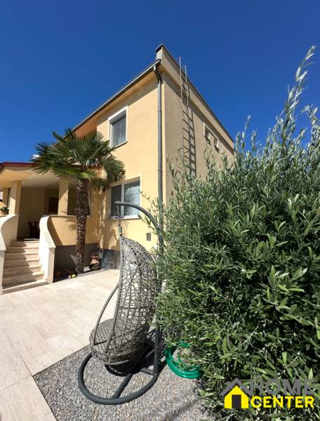 PREDAJ : ŠTÝLOVÝ RODINNÝ DOM S BAZÉNOM, KOMÁRNO - Rodinný dom v Komárne s terasou, záhradným kreslom a palmovým stromom na dvore.