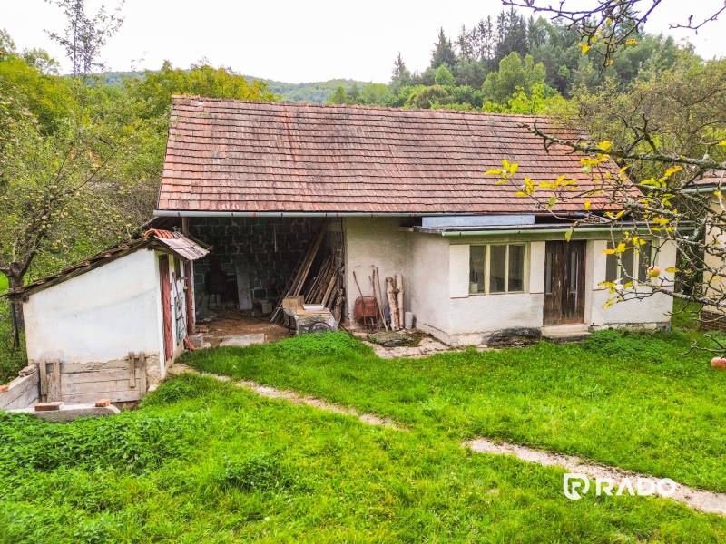 5i RD s garážou, Čierna Lehota, okr. Bánovce n./B. - Rodinný dom v Čiernej Lehote s drevenou strechou obklopený zeleňou a stromami.