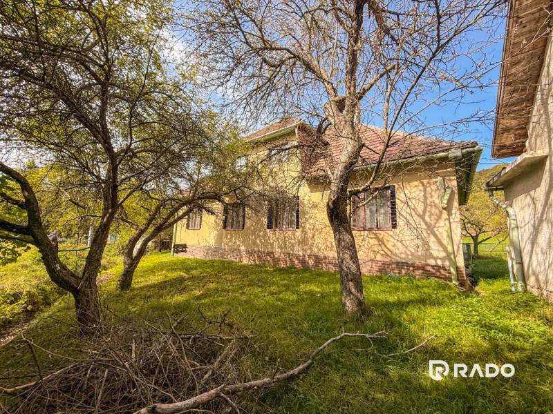 5i RD s garážou, Čierna Lehota, okr. Bánovce n./B. - Rodinný dom v Čiernej Lehote obklopený záhradou s vysokými stromami na slnečnom pozemku.