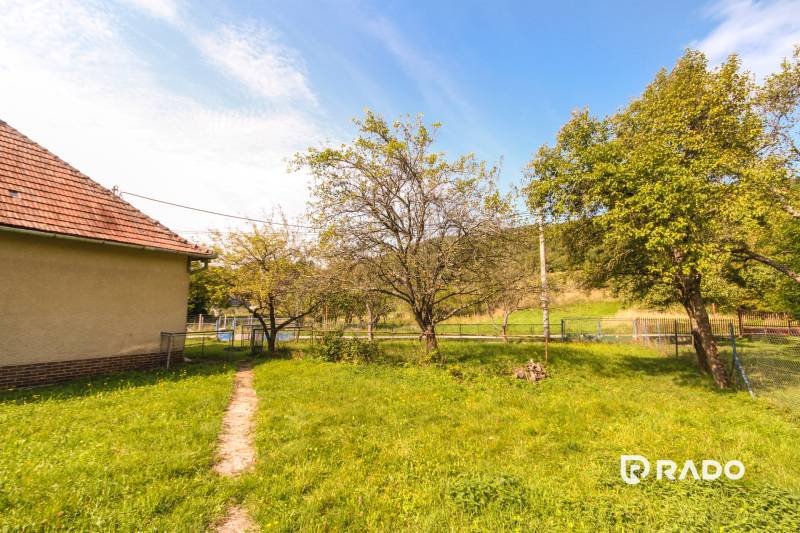 5i RD s garážou, Čierna Lehota, okr. Bánovce n./B. - Záhrada pri rodinnom dome v Čiernej Lehote so stromami a zeleným trávnikom.
