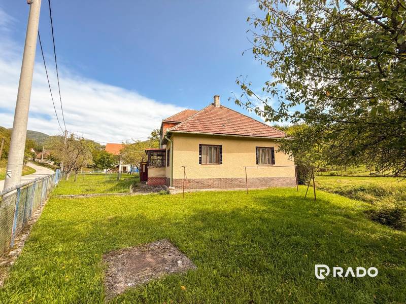 5i RD s garážou, Čierna Lehota, okr. Bánovce n./B. - Rodinný dom v Čiernej Lehote so záhradou, trávnikom a cestou v pozadí.