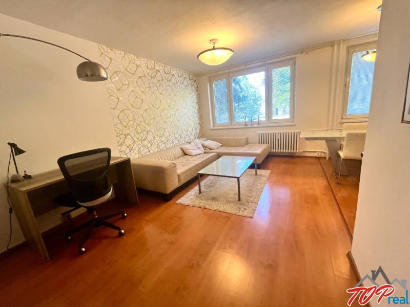 PRENÁJOM- Pekný 3 - izbový byt - Košice Staré mesto - Obývacia izba v 3-izbovom byte s pohovkou, stolíkom a pracovným stolom.