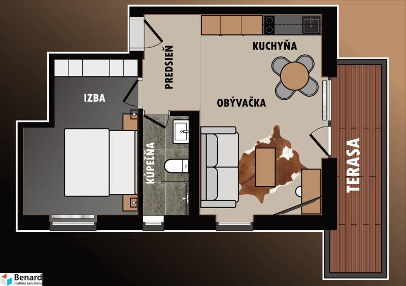 Na predaj krásny apartmám v Štrbe - Pôdorys 2-izbového bytu s kuchyňou, obývačkou, kúpeľňou, izbou a terasou.