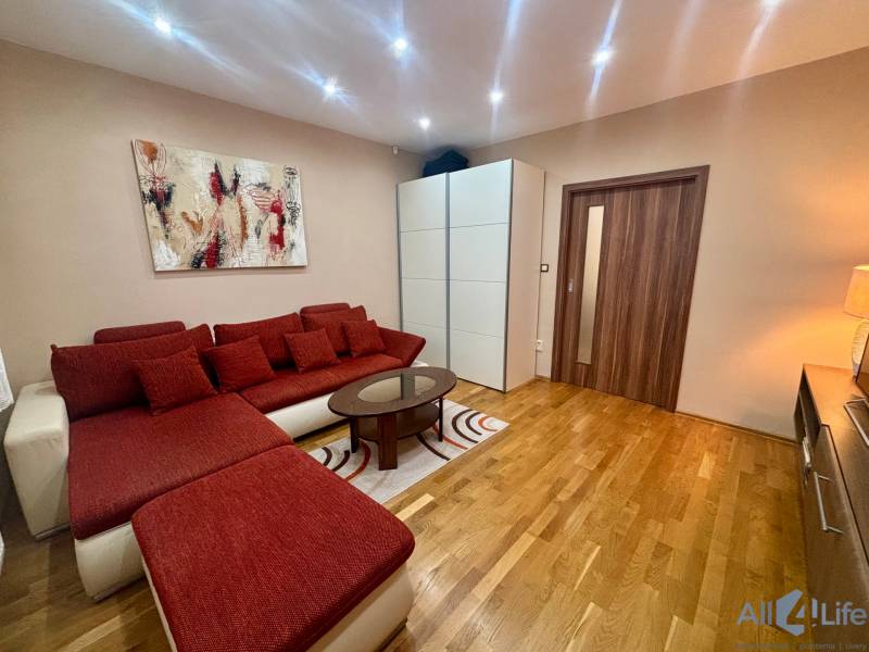 PRENÁJOM - Útulný 1-izbový domček na Hlbokej ulici - 1-izbový byt s červenou pohovkou, umením na stene a podlahou s dreveným dekorom.