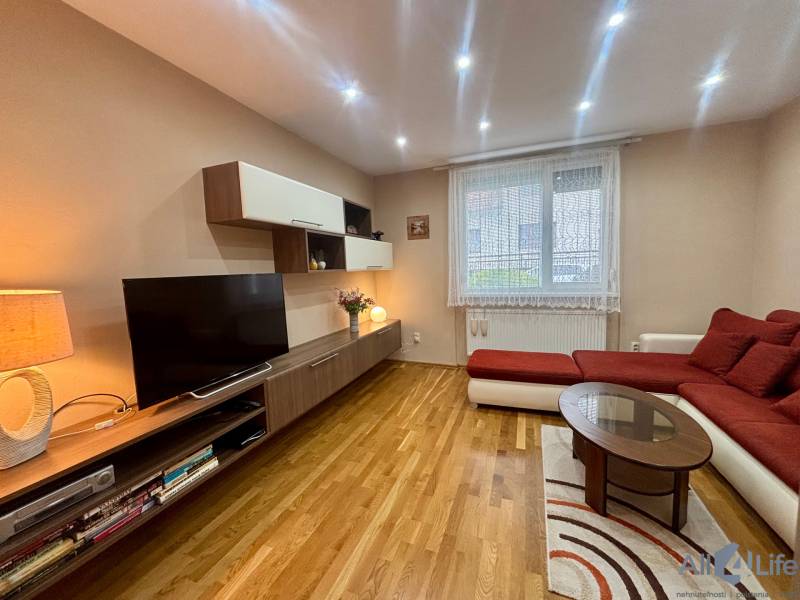 PRENÁJOM - Útulný 1-izbový domček na Hlbokej ulici - Obývacia izba v 1-izbovom byte s TV, pohovkou a podlahou s dreveným dekorom.