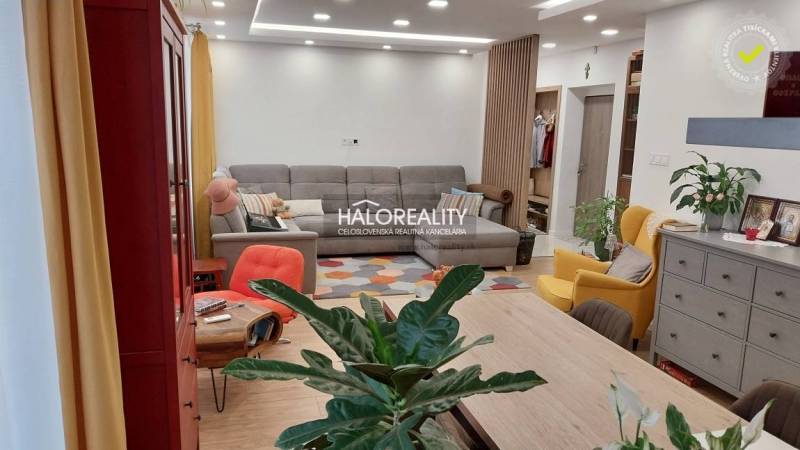 Predaj, trojizbový byt Komárno - Obývacia izba v 3-izbovom byte s posedením, kvetmi a podlahou s dreveným dekorom.