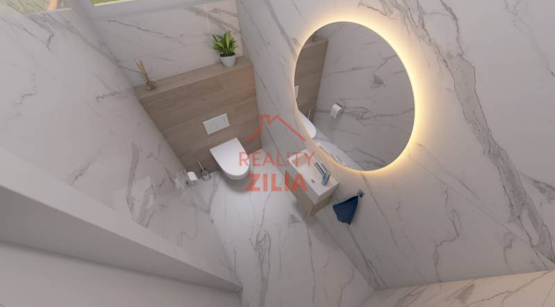 RODINNÝ DOM – dvojdom, na Ul. Ivana Braunera v Nitre - NOVOSTAVBA.  - Kúpeľňa s kruhovým zrkadlom, sanitou a dekoratívnymi obkladmi v rodinnom dome.