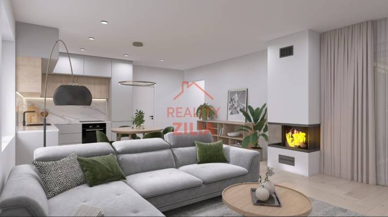 RODINNÝ DOM – dvojdom, na Ul. Ivana Braunera v Nitre - NOVOSTAVBA.  - Obývacia izba s rohovou sedačkou a krbom v rodinnom dome s podlahou s dreveným dekorom.