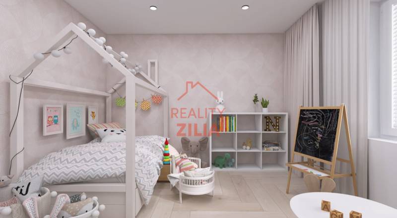 RODINNÝ DOM – dvojdom, na Ul. Ivana Braunera v Nitre - NOVOSTAVBA.  - Detská izba v rodinnom dome so stanovým lôžkom, tabuľou a úložnými policami.