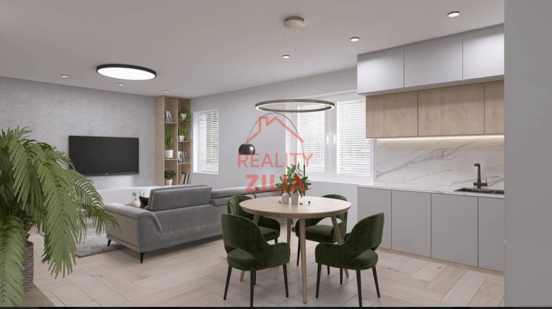 RODINNÝ DOM – dvojdom, na Ul. Ivana Braunera v Nitre - NOVOSTAVBA.  - Obývacia izba v rodinnom dome s kuchyňou, kreslami a podlahou s dreveným dekorom.