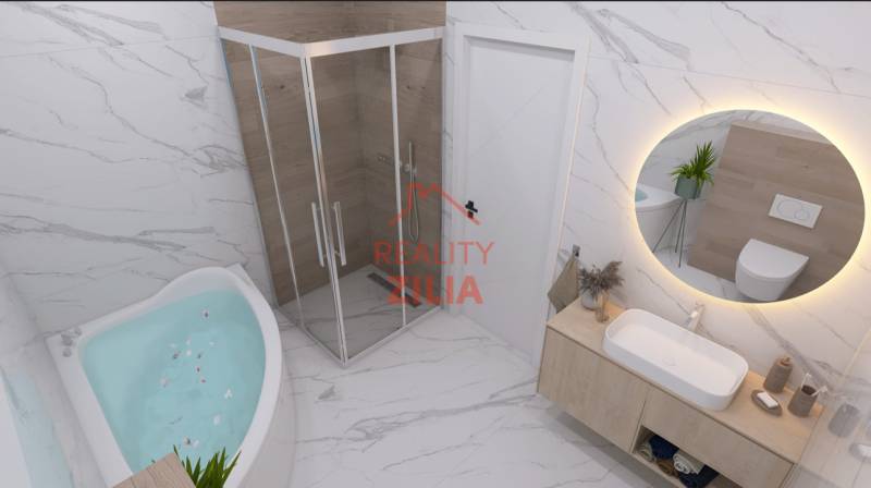 RODINNÝ DOM – dvojdom, na Ul. Ivana Braunera v Nitre - NOVOSTAVBA.  - Kúpeľňa v rodinnom dome s vaňou, sprchovým kútom a umývadlom na bielej doske.