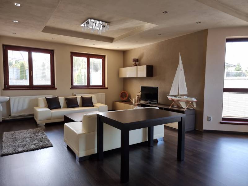 EXKLUZÍVNA VILA - NITRA - PREDAJ - Obývačka v rodinnom dome s krbom, plachetnicou a minimalistickým nábytkom.