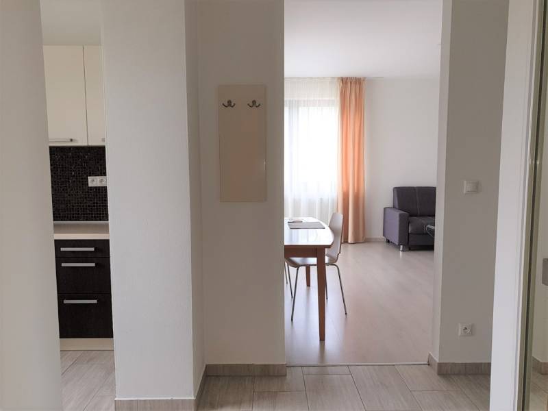 PRENÁJOM - Byt s krásnym výhľadom - Nitra, Dolnohorská - Interiér 2-izbového bytu s kuchynskou linkou a obývačkou s podlahou s dreveným dekorom.