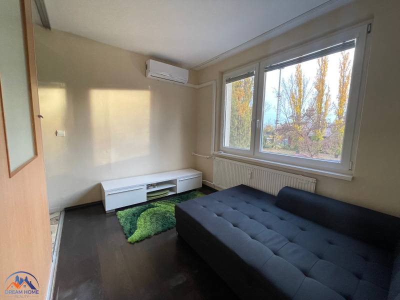 MH279-Na predaj 1 izbový byt v oblúbenej lokalite Komárna! - Izba v 1-izbovom byte s gaučom, zeleným kobercom a podlahou s dreveným dekorom.