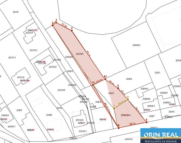 Na predaj rodinný dom s rozľahlým pozemkom 1788m2 MODRA - Plán katastra so zakreslenými parcelami a ich rozmermi v lokalite Podhorská, Modra, Rodinný dom.