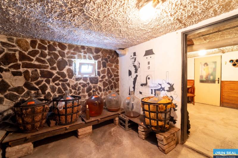 Na predaj rodinný dom s rozľahlým pozemkom 1788m2 MODRA - Kamenná pivnica s demižónmi a dekoratívnou maľbou v rodinnom dome.