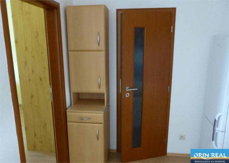 Na predaj 2 izbový byt s parkovacím státím Zemplínska ul. - Interiér 2-izbového bytu s dreveným dekorom, vstavaná skriňa a dvere.