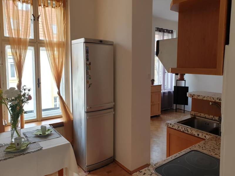 Novinka: Praktický byt v širšom centre. Mestská ul. Províziu neplatíte - Kuchyňa 2-izbového bytu s jedálenským stolom, chladničkou a varnou doskou, podlaha s dreveným dekorom.