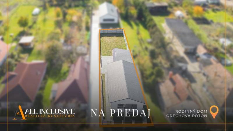 NA PREDAJ 4-IZB.BUNGALOV S DVOJGARÁŽOU,ORECHOVÁ POTôŇ - Rodinný dom v Orechovej Potôni, ohraničený pozemok, zeleň a susedné stavby. Na predaj.
