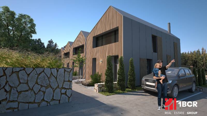 MODERNÉ 3-IZB. RODINNÉ DOMY, ZÁHRADA, SAUNA, TERASA, OBEC TURECKÁ - Rodinné domy v Tureckej s dreveným dekorom, kamenným plotom a zaparkovaným autom.