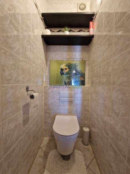 PRENÁJOM zariadený 3-izb byt, Pribišova, Bratislava - Toaleta s dlaždicovými stenami, obrazom papagája a policami v 3-izbovom byte.
