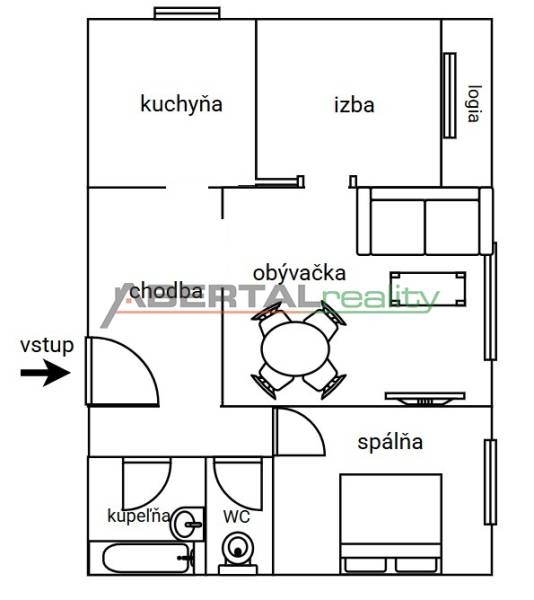 PRENÁJOM zariadený 3-izb byt, Pribišova, Bratislava - Pôdorys 3-izbového bytu so vstupom, obývačkou, kuchyňou, kúpeľňou a spálňou.