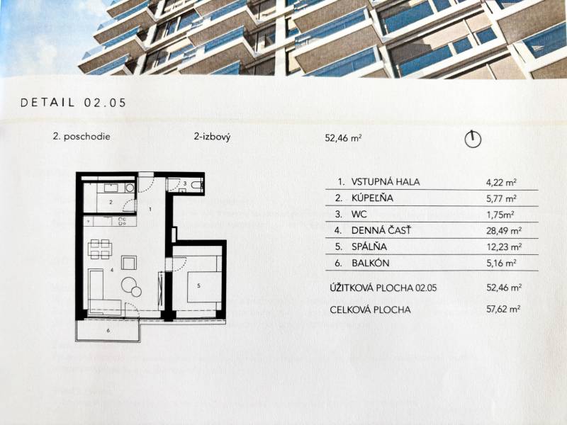 PREDAJ - LIGET Nový 2 izbový apartmán pri Sade Janka Kráľa, Petržalka - Pôdorys 2-izbového bytu s balkónom, vstupnou halou, kúpeľňou, WC a dennou časťou.