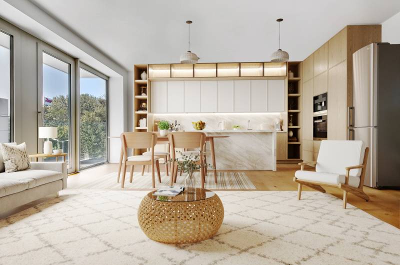 PREDAJ - LIGET Nový 2 izbový apartmán pri Sade Janka Kráľa, Petržalka - Priestranný 2-izbový byt s otvorenou kuchyňou, veľkými oknami a elegantným nábytkom.