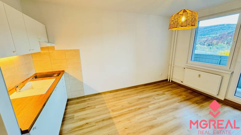 Na prenájom 1 i byt 47 m2 v Partizánskom na sídlisku Luhy 2 x balkón - Kuchyňa v 1-izbovom byte s podlahou s dreveným dekorom a výhľadom z okna.