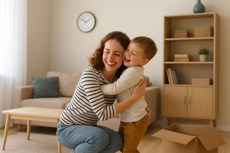 Kúpim 1 izbový alebo 2 izbový byt v BB a okolí - Žena s dieťaťom v objatí v 1-izbovom byte s podlahou s dreveným dekorom.