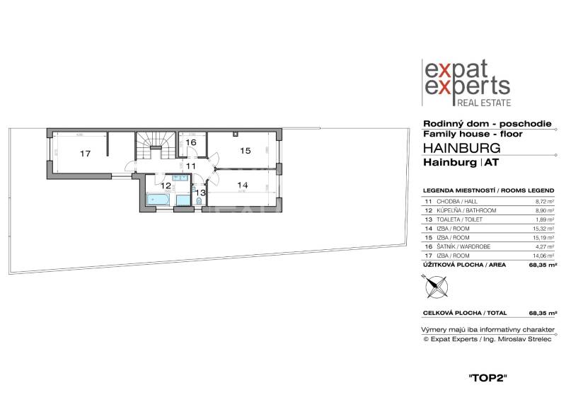 5i RD pod lesom v Hainburgu, 155m2, A/C, 2x parking, TOP1 - Pôdorys poschodia rodinného domu s kúpeľňou, toaletou a tromi izbami.