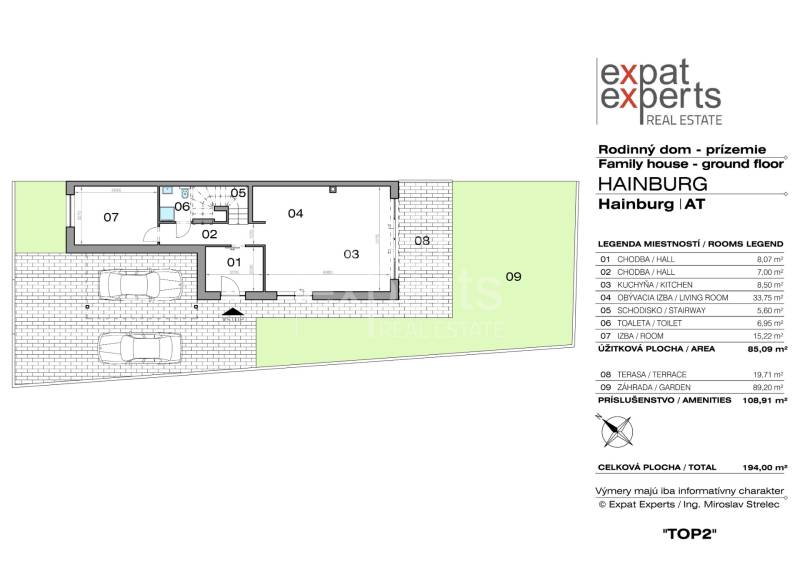 5i RD pod lesom v Hainburgu, 155m2, A/C, 2x parking, TOP1 - Pôdorys rodinného domu v Hainburgu an der Donau na Weingartenweg s rozlohou 194 m².